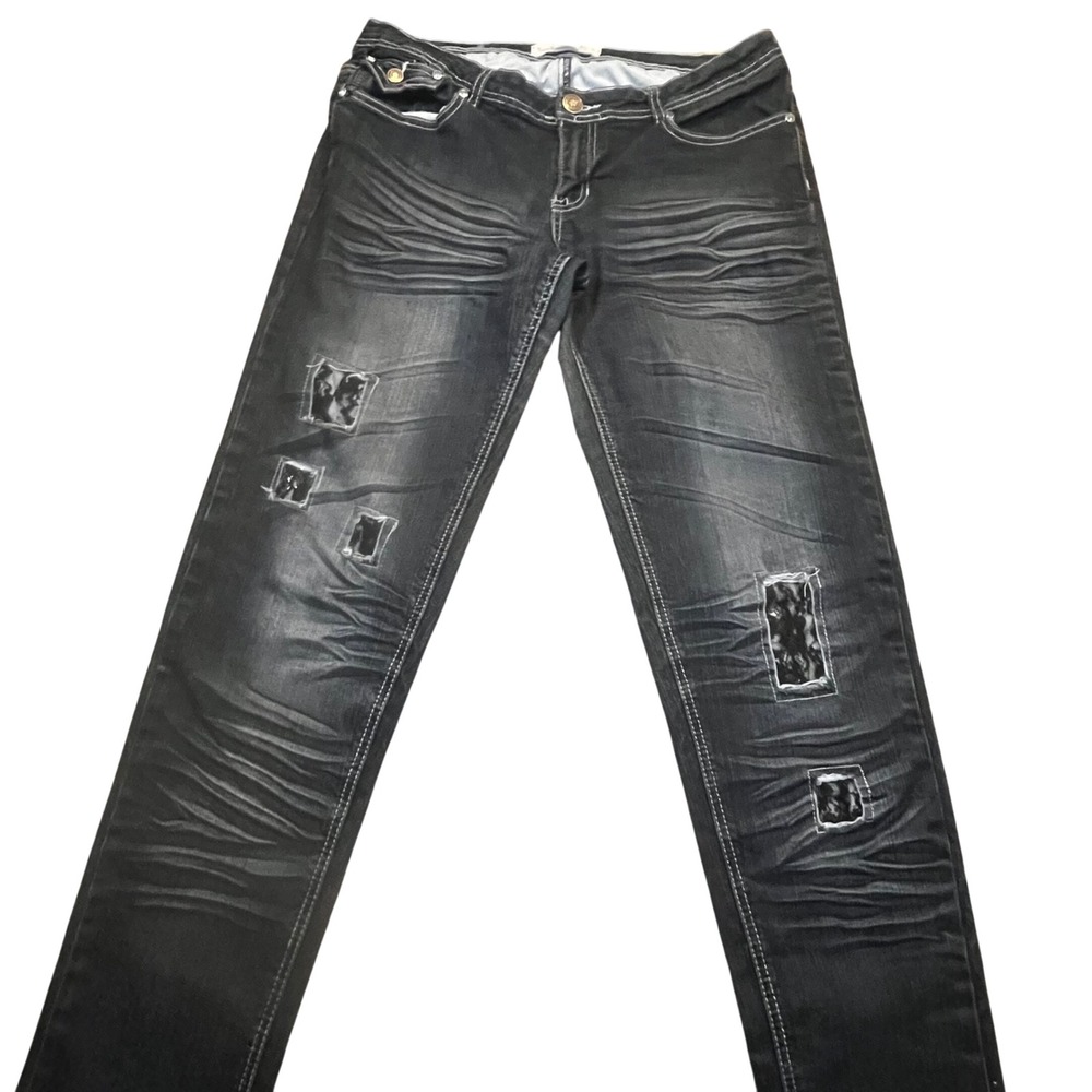 Raw Blue Girls Jeans Size 12/14 Dark Wash Distressed Lace Rhinestone Wing Y2K‎